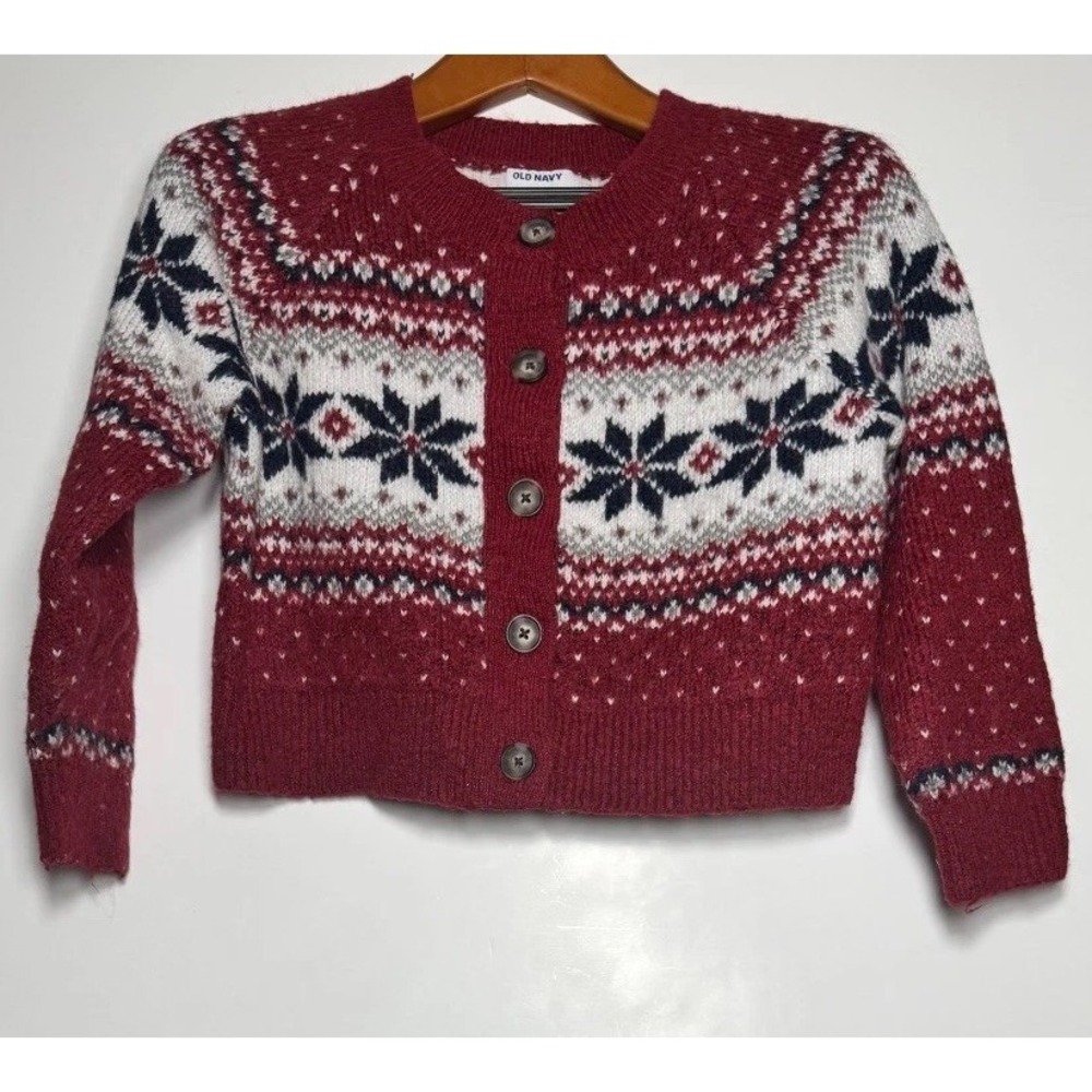 Old Navy Cardigan Sweater Womens XS Petite Red White Snowflake Knit Button Front